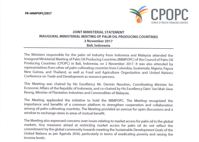 PRESS RELEASE: JOINT MINISTERIAL STATEMENT INAUGURAL MINISTERIAL MEETING OF PALM OIL PRODUCING COUNTRIES